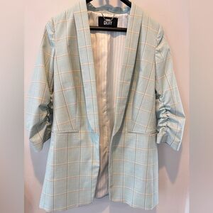 DKNY Mint Plaid Ruched Sleeve Blazer Size 10 Tailored Jacket